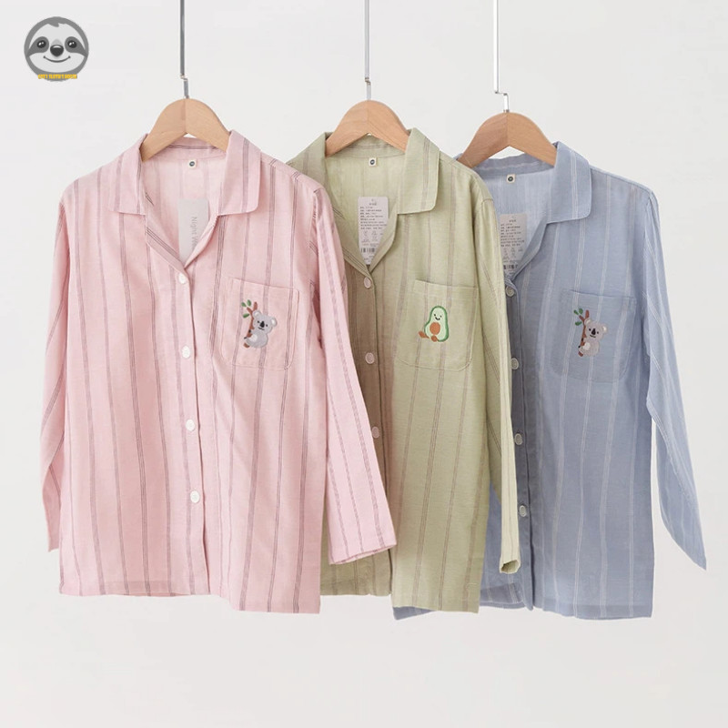 Phong cách Nhật Bản Muji Style / Quần yếm Cotton nguyên chất sợi đôi cho bé trai bé gái / Quần dài tay sọc trẻ em Bộ đồ ngủ thân thiện với da / Mềm mại thoải mái thoáng khí cho cha mẹ và con cái