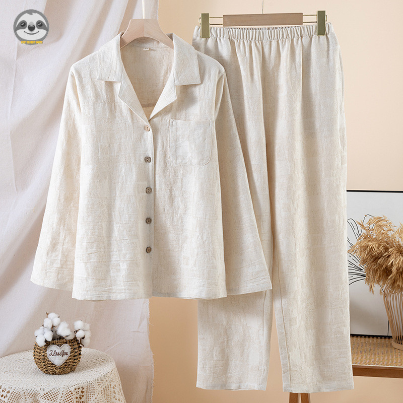 Phong cách Nhật Bản Phong cách Muji / Phong cách cặp đôi Vải lanh cotton màu trơn Bộ đồ ngủ dài tay / Nam nữ Bộ đồ mặc nhà đơn giản / Thường ngày có thể mặc bên ngoài Áo dài tay / Hơi thở vải lanh cotton chất lượng cao