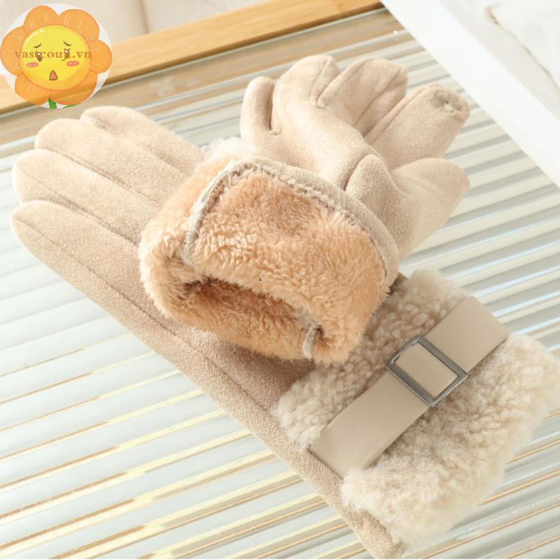 VASTJI Găng tay da lộn nữ với lông cừu dày, ấm áp, cảm ứng được, bảo vệ trong thời tiết lạnh và phù hợp cho việc đi xe đạp