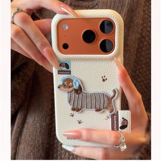 Phim Hoạt Hình Dễ Thương Thêu Dachshund Trắng Mềm Da PU Ốp Lưng Điện Thoại iPhone 17Promax 17Pro 16Promax 11 12 13 14 15 Pro Max 15Plus Chống Sốc Nữ Điện Thoại Di Động