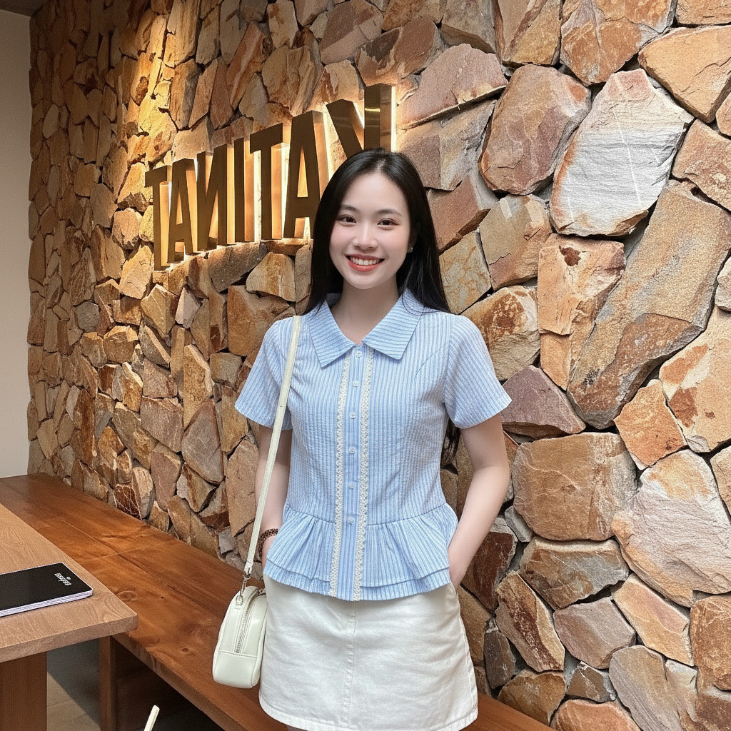 Áo Sơ Mi Tay Ngắn Kẻ Sọc  Kiểu Bèo 2 Tầng Xinh Xắn A51464