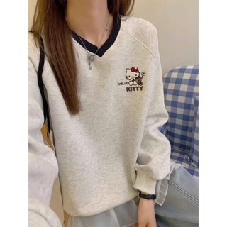 Áo sweater cổ tim form rộng in họa tiết 9 hình hello kitty dành cho nữ mặc thu đông