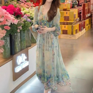 Váy cổ chữ V in hoa hai mảnh phong cách Pháp cao cấp dành cho nữ