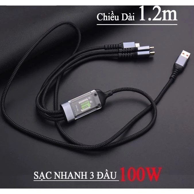 Dây Cáp Sạc Nhanh - Dây Sạc Tự Ngắt 3 Đầu 100W Micro USB Type C 3 trong 1 Dài 1m - Dây Sạc nhanh – 5