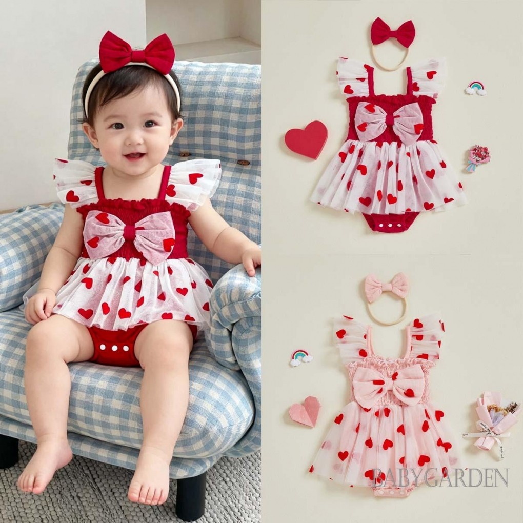 Trang phục ngày lễ tình nhân cho bé gái Áo liền quần lưới không tay in hình trái tim và băng đô nơ