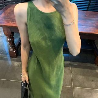 Váy vest không tay màu xanh lá cây phong cách Mori, thiết kế slimmer