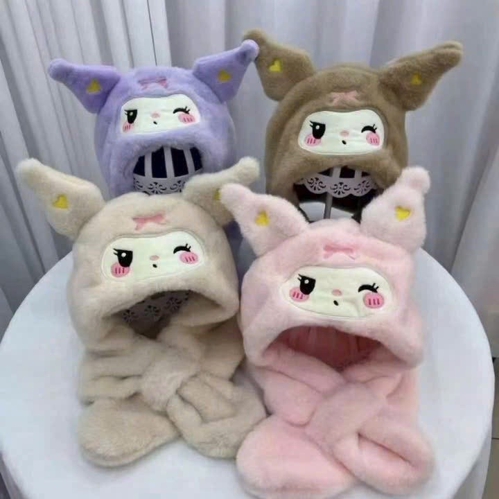 Mũ Bông Kèm Khăn Quàng Cổ Hình Kuromi Đáng Yêu Cho Bé Mũ Trùm Đầu 2 In 1 Quà Tặng Giáng Sinh Cho Bé