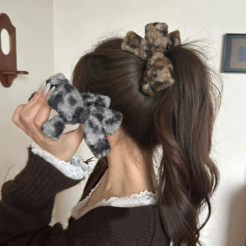Mẫu mới nơ kẹp tócgrabber da báo in dệt kim đơn giản đa năng