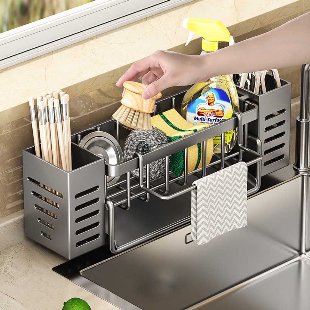 Kệ để đồ rửa chén gắn bồn rửa inox cao cấp, Giá đựng đồ rửa chén có ống cắm đũa muỗng tiện dụng