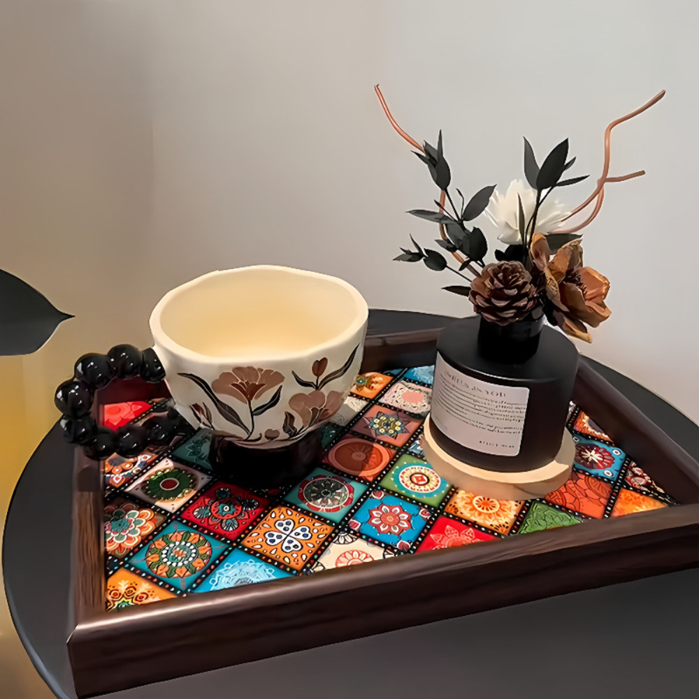 Khay Trà Gỗ Họa Tiết Mosaic Phong Cách Bohemian, Khay Đựng Ly Cốc Sang Trọng Decor Nhà Cửa Tiện Lợi