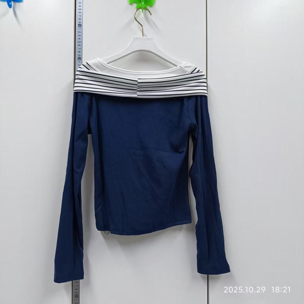 Milyfashion Navy Blue Stitching Sọc Ren Dài Tay T Phong Cách Mới Mỏng Hơn Nhìn Slim-Fit Top Base Quần Áo Nữ