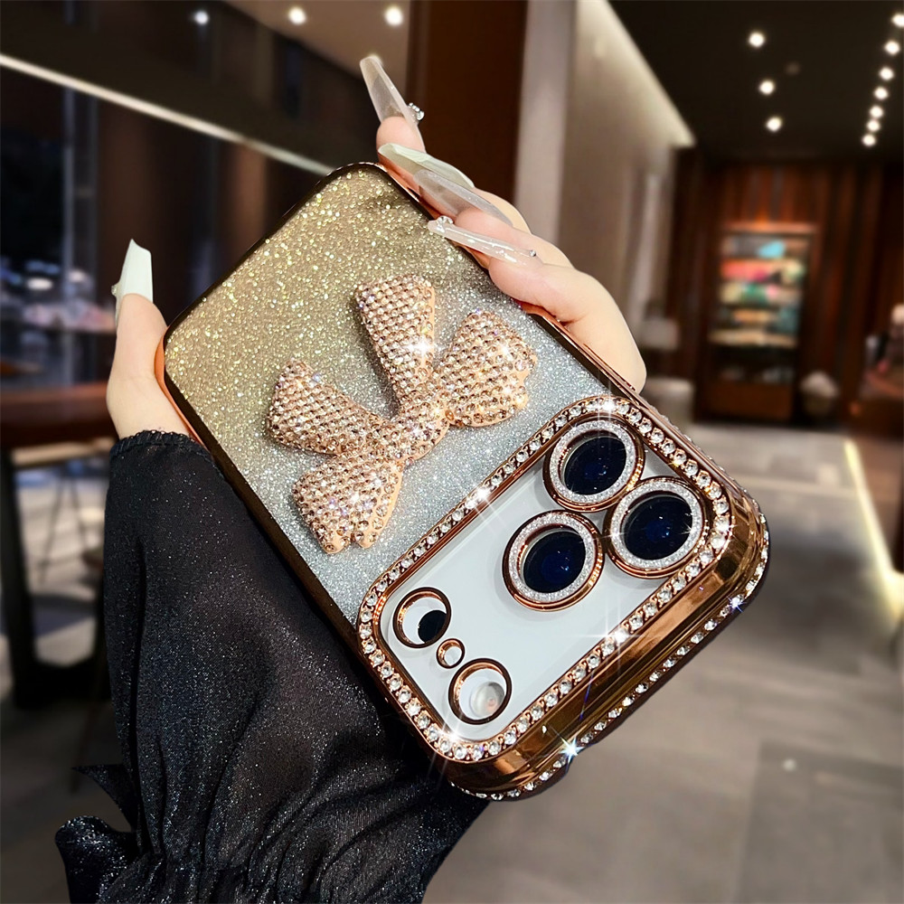 Ốp điện thoại nơ kim cương lấp lánh sang trọng cho iPhone 17 Pro Max 13 14 15 16 pro max Ống kính không khí Bảo vệ Camera TPU vỏ mềm bảo vệ điện thoại