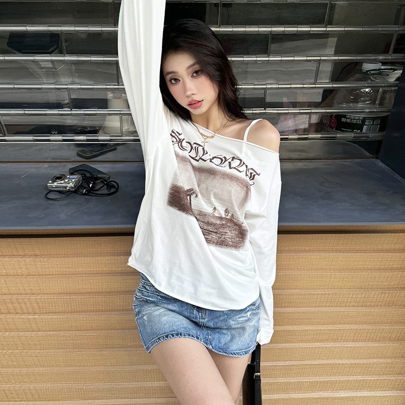Cutenew Áo Thun Thường Ngày Bất Đối Xứng Skinny Tay Dài Đa Năng Mùa Hè Đường Phố Không Khí Phong Cách Thời Trang Thiết Kế Cao Cấp 2024 Hot Mới