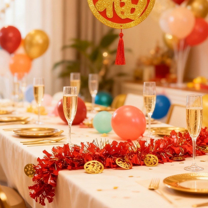 Trang trí tua rua PET "Fu" có thể tái sử dụng - Chất liệu chống phai màu với kết thúc rực rỡ mượt mà, Chiều dài tùy chỉnh cho màn hình treo tường / bàn DIY, thiết yếu cho bữa tiệc năm mới