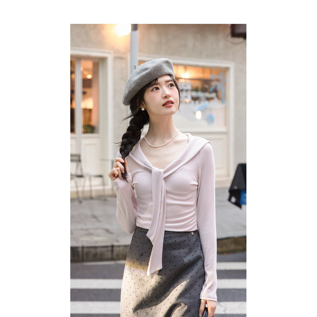Mutu Áo Thun Dài Tay Nữ Phù Hợp Mùa Đông, Cổ Chữ V Ruột Băng, Thiết Kế Slim-Fit Sang Trọng