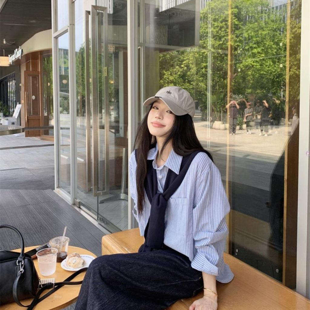 Áo Sơ Mi Bigsize Cô Nhỏ Dài Tay Kẻ Sọc Vải Lụa Mềm Mát Kèm Khăn Thủy Thủ Chất Vải Tăm SM49+A195