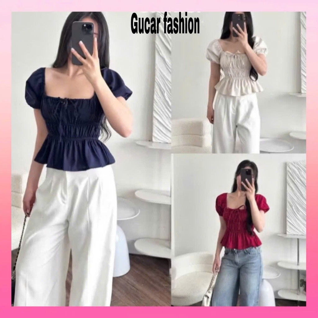 Áo babydoll linen kiểu xinh tay phồng tiểu thư công chúa bo thân nơ coquette ngực xinh xắn- Gucar