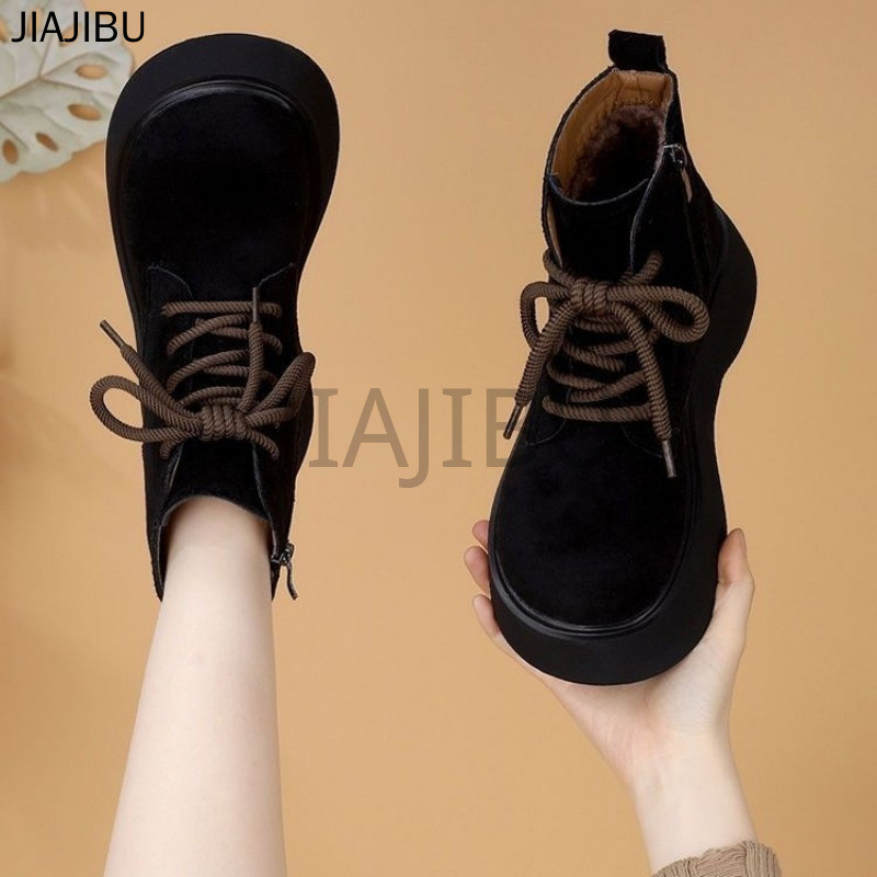 Size 35-43 Giày Bốt Chelsea Buộc Dây Bằng Da Lộn Màu Đen/nâu/kaki Mũi Tròn Chống Trượt Phong Cách Anh 42 Giày Nữ Cỡ Lớn Chất Lượng Cao 41 Korean Fashion Casual Platform Ankle Zipper Motorcycle Boots Bốt Da Lolita Nhật Bản Cổ Điển