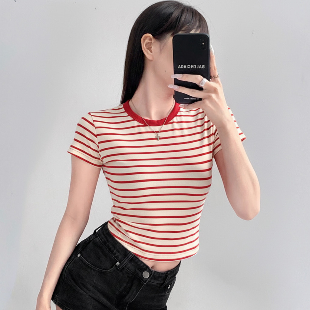 Áo Thun Nữ BABEE Tay Ngắn Cổ Tròn Baby Tee Kẻ Sọc Ngang Ôm Body Dễ Thương Chất Thun Co Dãn Thoải Mái