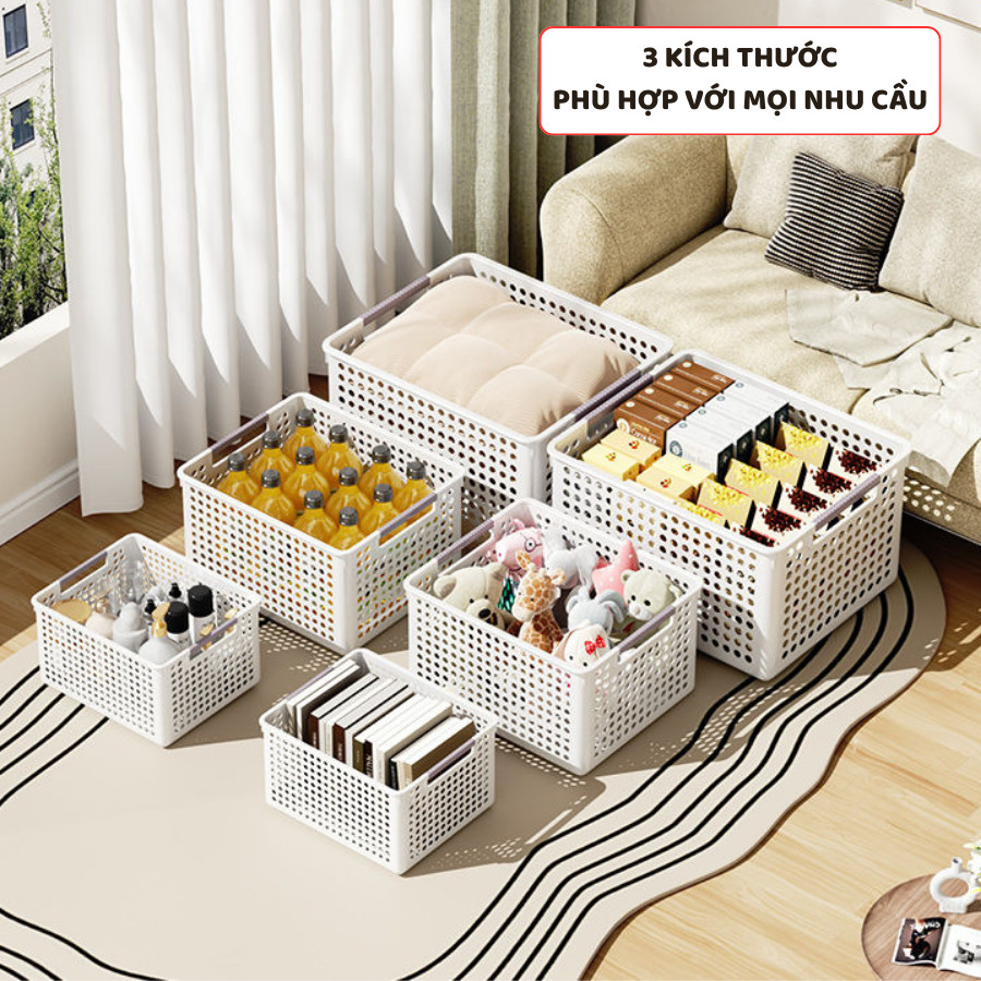 Giỏ Nhựa Chữ Nhật Đựng Đồ Đa Năng ENODA HOME, Khay Rổ Đa Kích Thước Đựng Đồ Có Tay Cầm Xám Q038