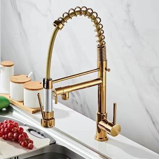 Vòi trộn nước nóng lạnh kéo xuống phong cách lò xo, vòi inox màu vàng chải, vòi nguyên chất đa chức năng, cung cấp nước sạch và tốt cho nhà bếp