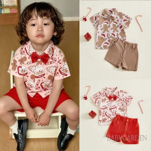 Tập Đi Bé Trai Trang Phục Giáng Sinh Người Bánh Gừng Tay Ngắn Nơ Áo Sơ Mi Và Quần Short Bộ 2 Món