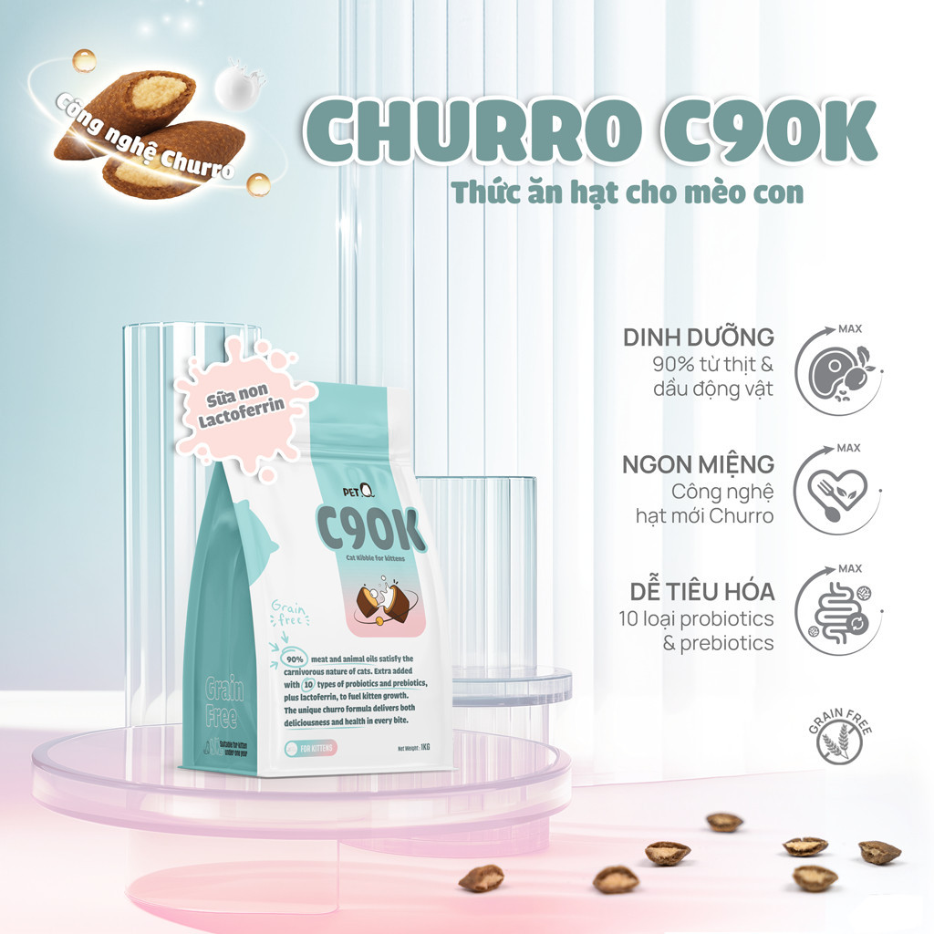 Hạt cho mèo PetQ, Hạt cho mèo có nhân Churro C90 90% từ thịt & dầu động vật, Dinh dưỡng, dễ tiêu hóa