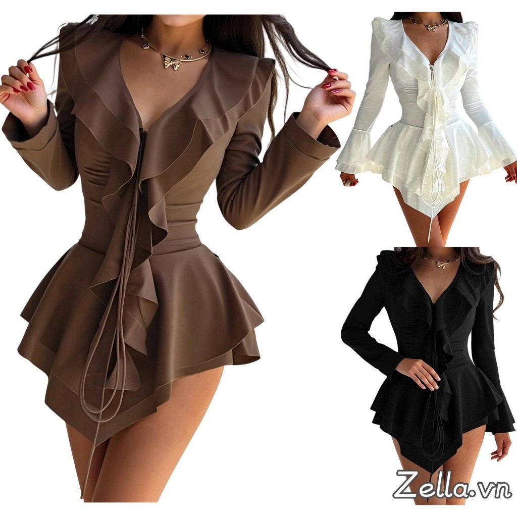 Đầm mini cổ chữ V nữ, màu trơn, chân váy loe dài, tay xù cao cấp