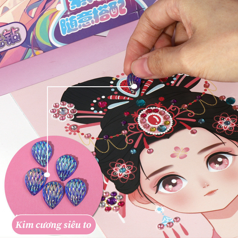 Đồ chơi trang điểm công chúa dán sticker đính đá trang trí, Kèm Tranh Tô Vẽ và Cắt Dán, nhiều bước chơi