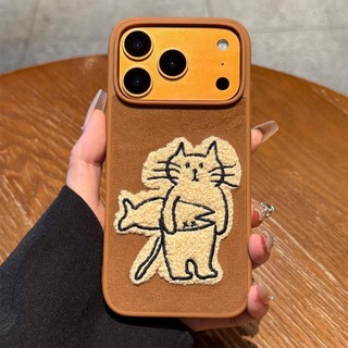 Màu nâu Sang Trọng Thêu Hoạt Hình Dễ Thương Mèo Con Chó Con Flannel Vải Ốp Lưng Điện Thoại iPhone 17Promax 17pro 14 15 16 Pro Max 13 Ngọt Ngào Nữ Tính Vỏ Di Động