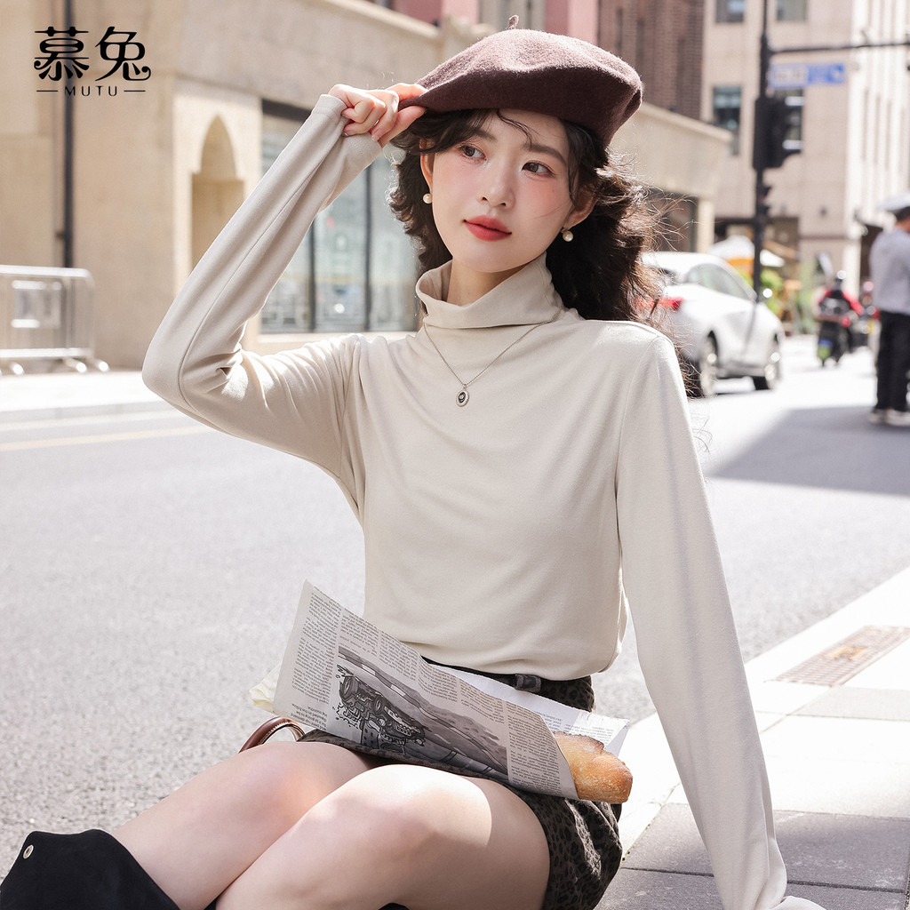 Mutu Áo Thun Nữ Màu Cà Phê Retro, Cổ Cao Tay Dài, Phong Cách Mới Lạ, Perfect Cho Mùa Đông