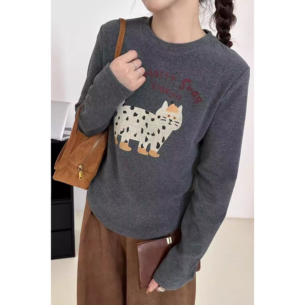 Milyfashion Chải Bên Trong Dài Tay Mèo In Hình Thu Đông Bên Trong Dày Đức Nhung Đáy Top