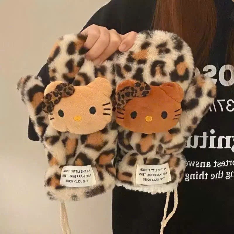 Găng Tay Hello Kitty Hoạ Tiết Da Báo Cho Mùa Đông Ấm Áp quà Tặng Giáng Sinh Phù Hợp Với Nàng Cá Tính