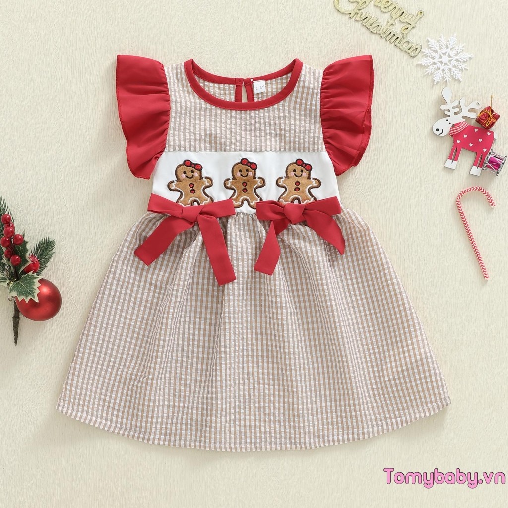 Váy Giáng Sinh Bé Gái Bay Tay Cổ Tròn Ông Già Noel Thêu Kẻ Sọc