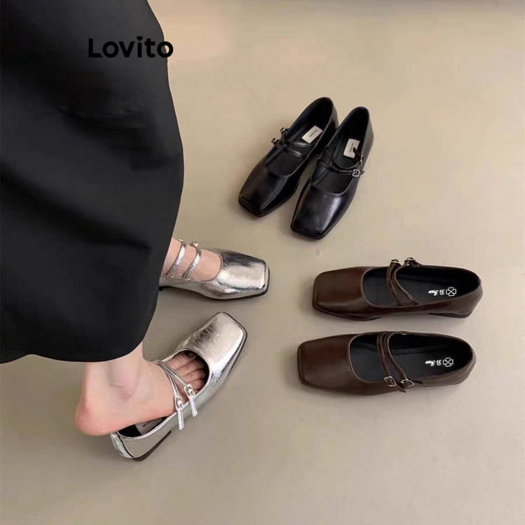 Lovito Casual Mary Janes Plain Flat Bottom Mary Janecommute Soft Sole Buckle Little Fragrance Wear It Outside for Women LFA43660