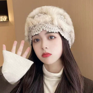 Mũ Len Dệt Kim Phối Lông Thỏ Dễ Thương Thời Trang Thu Đông Hàn Quốc Cho Nữ