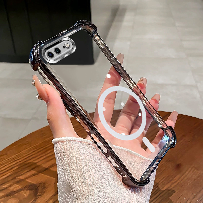Ốp Lưng Cho iPhone 6 6s 7 8 Plus Từ Tính Không Dây Trong Suốt Bốn Góc Chống Sốc Bảo Vệ Ống Kính Vỏ Điện Thoại SJSFDDR