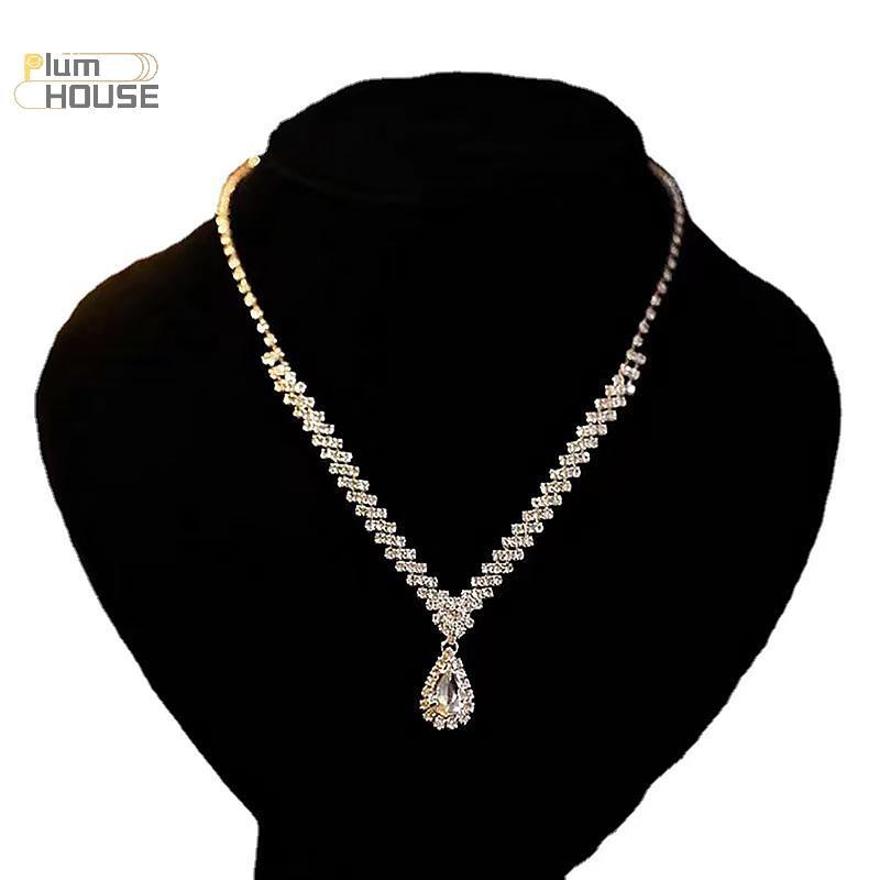 PlumHOUSE 3 Thời Trang Đơn Giản Giọt Nước Pha Lê Kim Cương Giả Vòng Cổ Bông Tai Bộ Nữ Cưới Trang Sức Bộ Phụ Kiện Quà Tặng VN