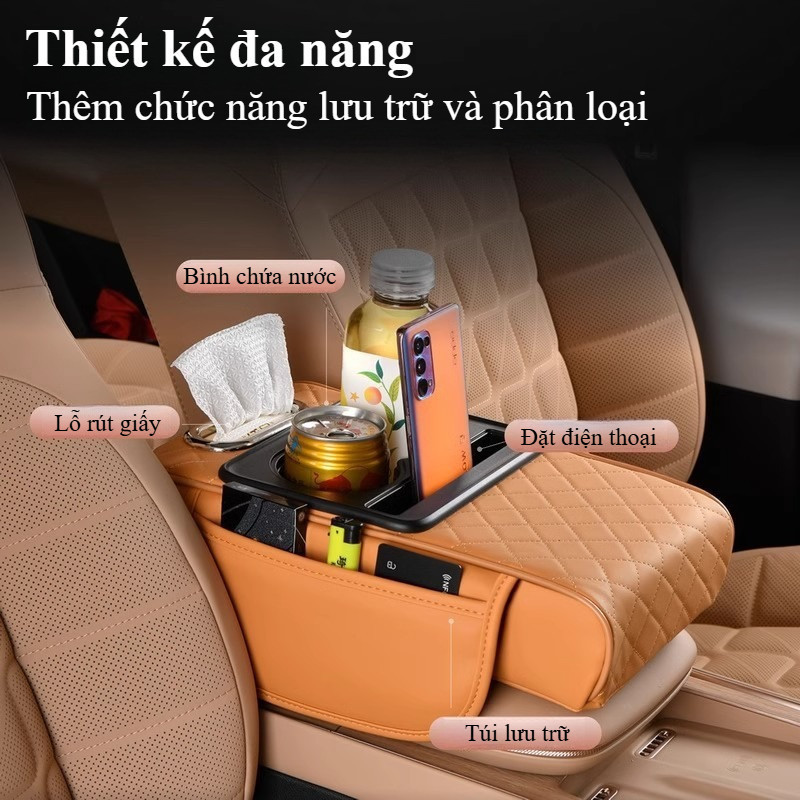 Đệm Tỳ Tay Ô Tô 4 Trong 1 Cao Cấp, Hộp đựng giấy đa năng,Bao bọc bằng da PU