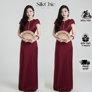 Đầm Lụa Dự Tiệc Tay Dài Phối Nút Ruby – NV794 Váy Lụa Vân Mềm Mịn Thanh Lịch