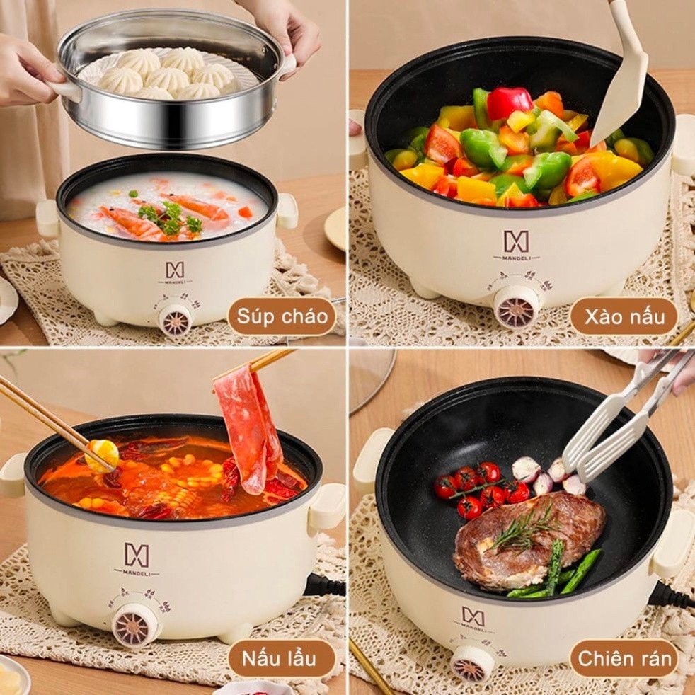 🔥Nồi Lẩu Điện 28cm Nút Cơ, Nồi Nấu Mì 2 Tầng Kèm Giá Hấp Cao Cấp, Ăn Lẩu, Ăn Mỳ Siêu Tiện