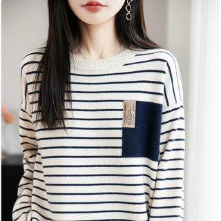 Áo len dệt kim sọc dài tay nữ dáng rộng cổ tròn đơn giản ~