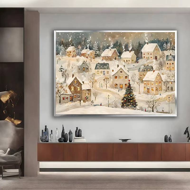 Vintage Giáng Sinh Tàu Ngày Lễ Mùa Đông Tuyết Trang Trại Thị Trấn Làng Poster In Tranh Canvas Cho Phòng Khách Trang Trí Nhà