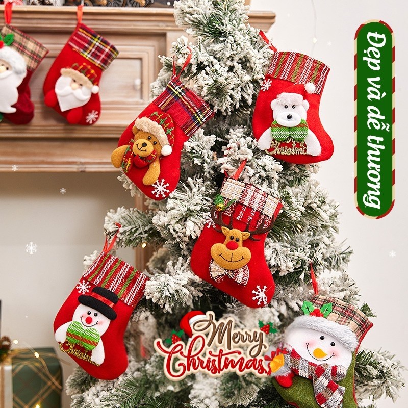 Tất noel nhỏ trang trí – Phụ kiện cây thông giáng sinh, vớ treo hình ông già noel, tuần lộc, đựng bánh kẹo trang trí
