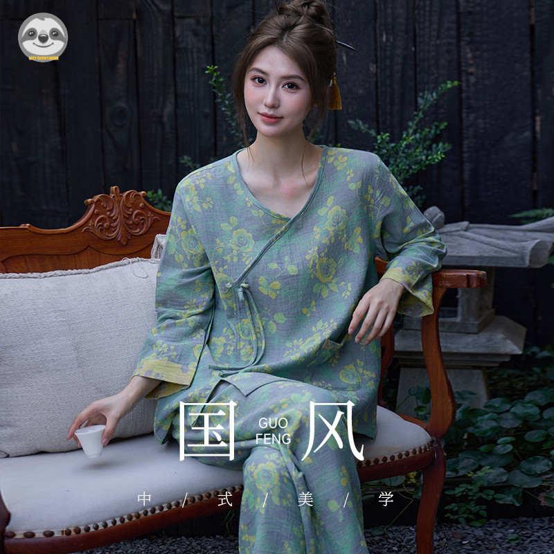 Bộ đồ ngủ tay cổ điển bằng Cotton nguyên chất phong cách Trung Quốc dành cho nữ / Bộ đồ ngủ Jacquard dệt cổ điển / Quần áo phòng chờ phong cách cổ xưa phong cách Trung Quốc / Thời trang Retro Loungewear