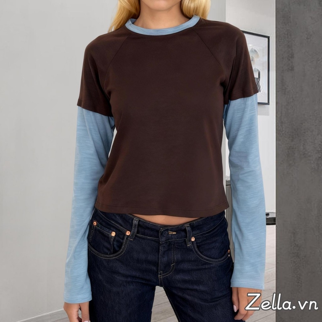 Áo thun nữ dài tayCrop Top cổ tròn dành cho văn phòng