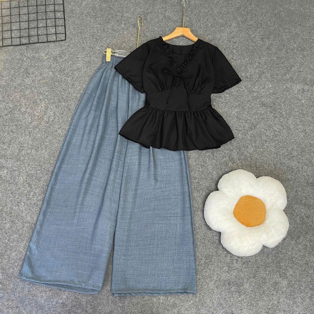 Set Bigsize Cô Nhỏ Áo Sơ Mi Cổ Tim Phối Bèo Kèm Quần Dài Lưng Thun Ống Rộng Co Giãn A315+Q564