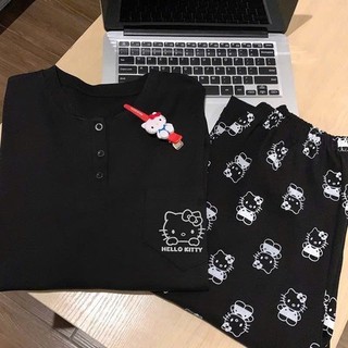Bộ ngủ cổ tròn cài cúc mặc nhà cho nữ dài tay form rộng họa tiết kitty cute, BỘ CÚC CÀI