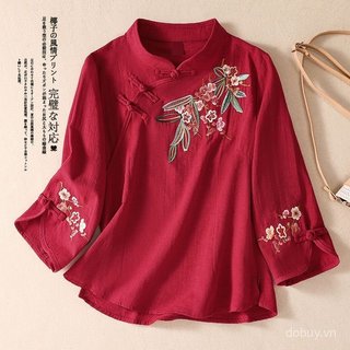 Áo sơ mi cổ đứng phong cách dân tộc Trung Quốc cổ điển, thêu tay, chất liệu vải lanh cotton