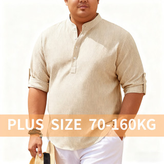 Áo sơ mi nam plus size cổ dài tay henley kẻ sọc từ vải dứa